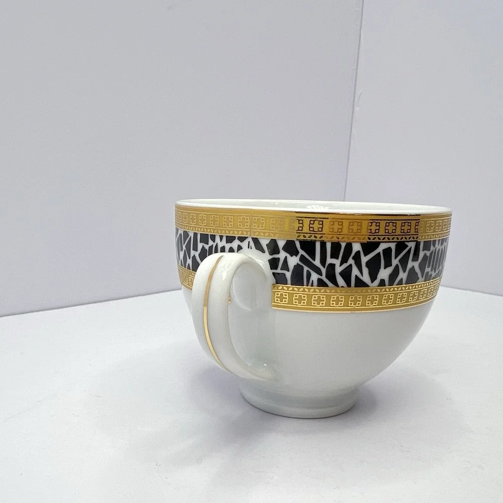 GNA Fine Porcelain Tea Cup Gold Trim with‎ Black and White Mosaic Pattern Italy